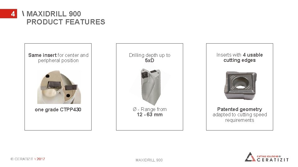 4  MAXIDRILL 900 PRODUCT FEATURES Same insert for center and peripheral position Drilling