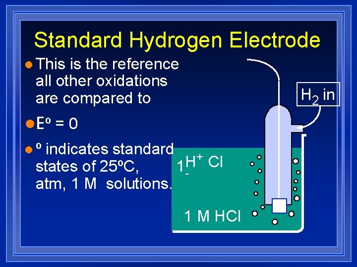Standard Hydrogen Electrode l This is the reference all other oxidations are compared to