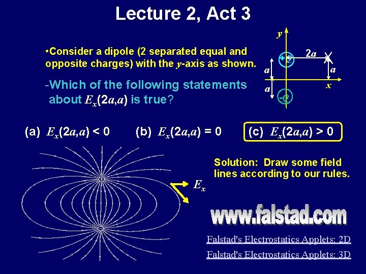 Lecture 2, Act 3 y • Consider a dipole (2 separated equal and opposite