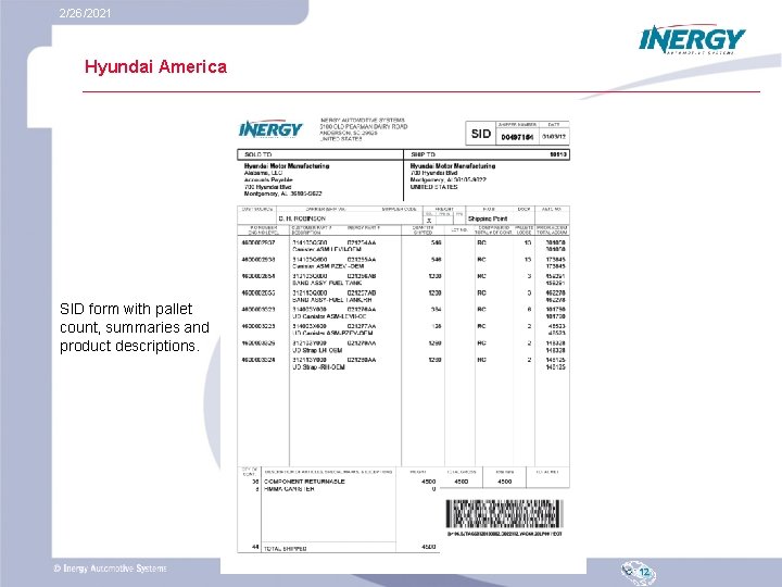 2/26/2021 Hyundai America SID form with pallet count, summaries and product descriptions. 12 