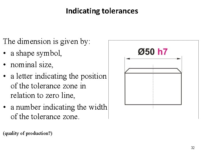 Indicating tolerances The dimension is given by: • a shape symbol, • nominal size,