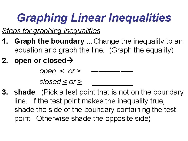 Graphing Linear Inequalities Steps for graphing inequalities 1. Graph the boundary …Change the inequality