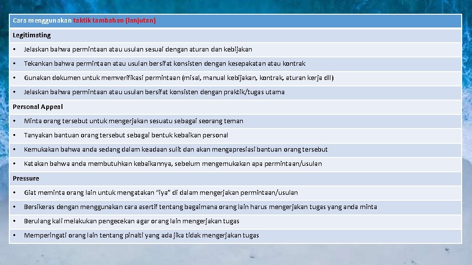 Cara menggunakan taktik tambahan (lanjutan) Legitimating • Jelaskan bahwa permintaan atau usulan sesuai dengan