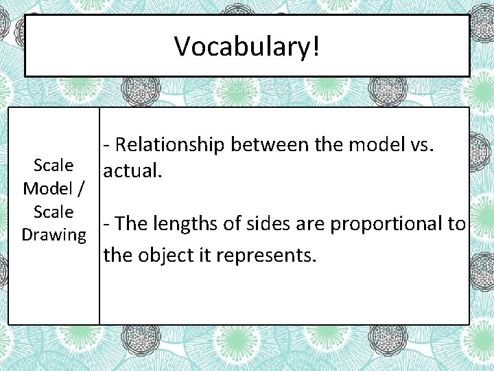 Vocabulary! Scale Model / Scale Drawing - Relationship between the model vs. actual. -