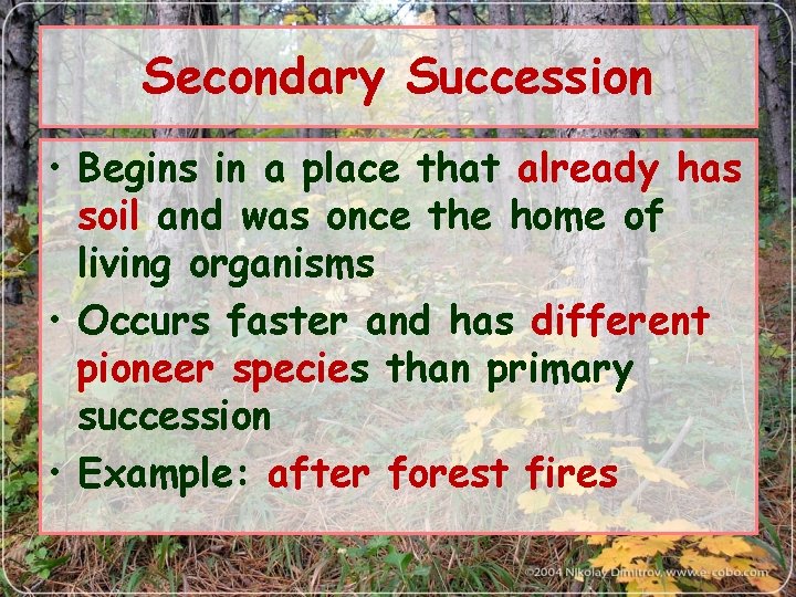 Secondary Succession • Begins in a place that already has soil and was once