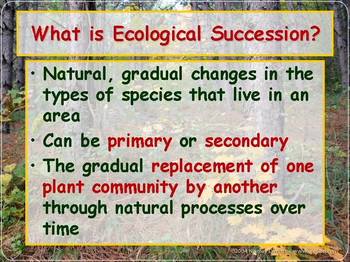 What is Ecological Succession? • Natural, gradual changes in the types of species that