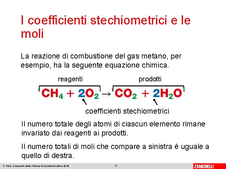 I coefficienti stechiometrici e le moli La reazione di combustione del gas metano, per