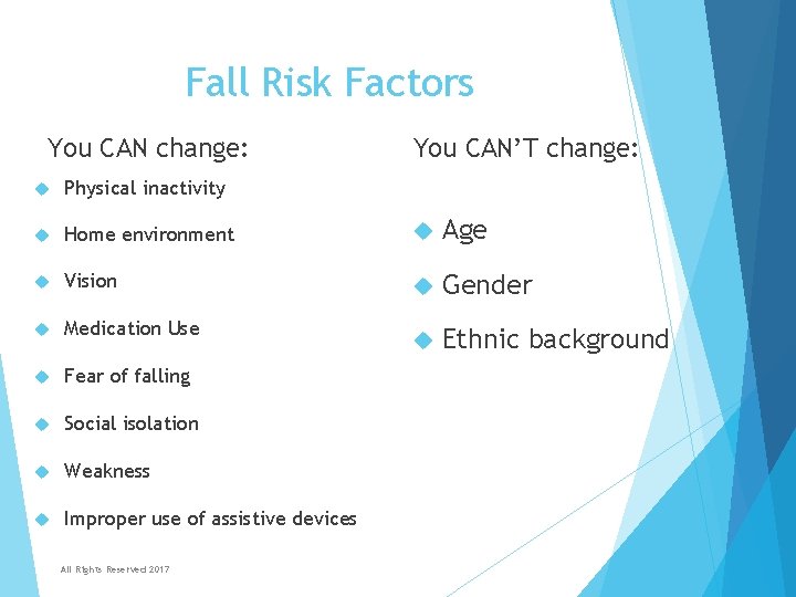 Fall Risk Factors You CAN change: You CAN’T change: Physical inactivity Home environment Age Fall Risk Factors You CAN change: You CAN’T change: Physical inactivity Home environment Age