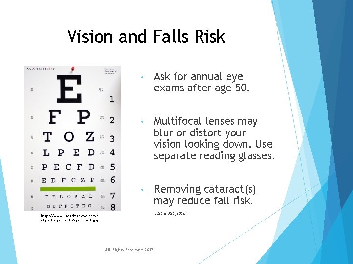 Vision and Falls Risk • Ask for annual eye exams after age 50. • Vision and Falls Risk • Ask for annual eye exams after age 50. •
