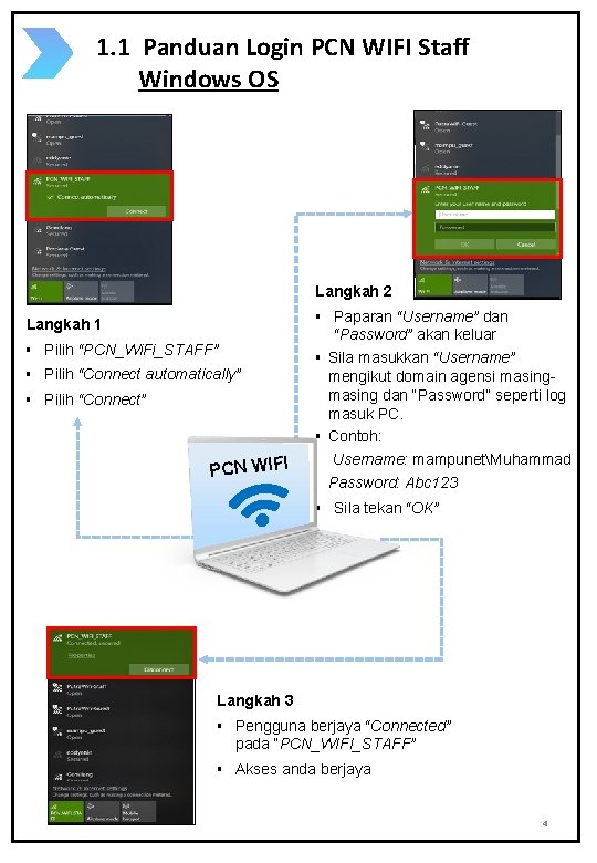 1. 1 Panduan Login PCN WIFI Staff Windows OS Langkah 2 § Paparan “Username”