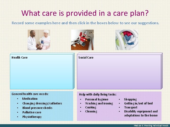 What care is provided in a care plan? Record some examples here and then