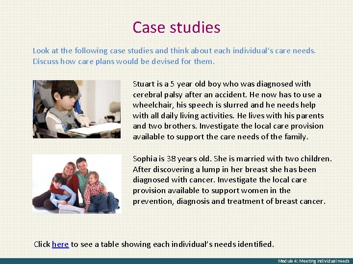 Case studies Look at the following case studies and think about each individual’s care