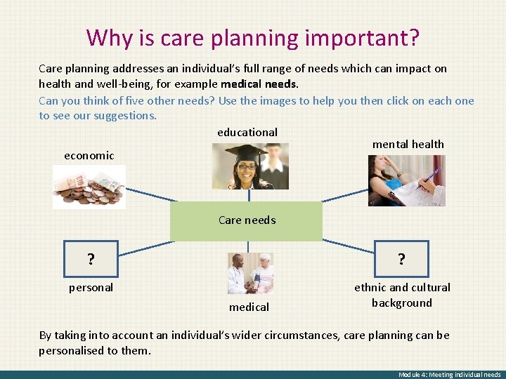 Why is care planning important? Care planning addresses an individual’s full range of needs