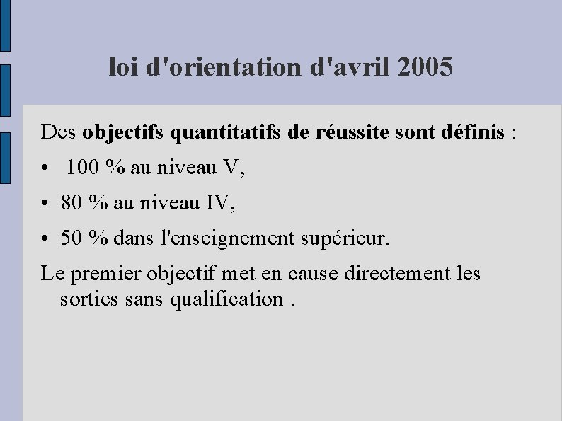 loi d'orientation d'avril 2005 Des objectifs quantitatifs de réussite sont définis : • 100