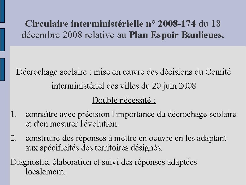Circulaire interministérielle n° 2008 -174 du 18 décembre 2008 relative au Plan Espoir Banlieues.