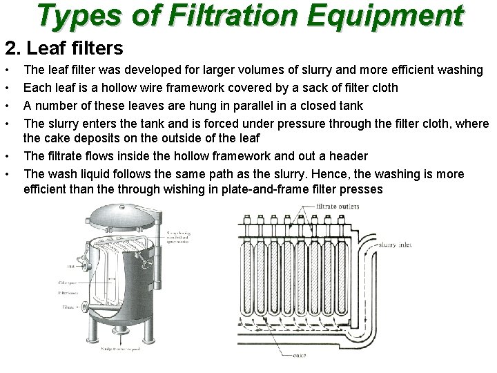 Types of Filtration Equipment 2. Leaf filters • • • The leaf filter was