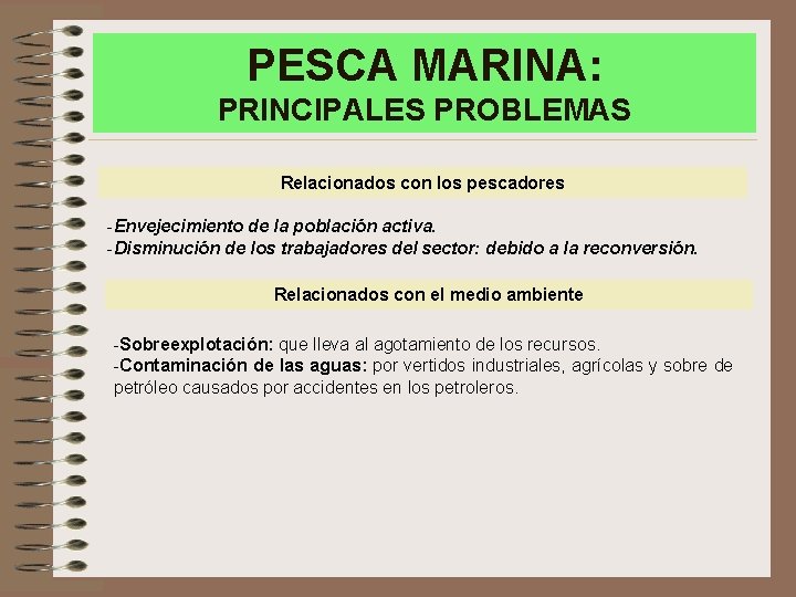 PESCA MARINA: PRINCIPALES PROBLEMAS Relacionados con los pescadores -Envejecimiento de la población activa. -Disminución