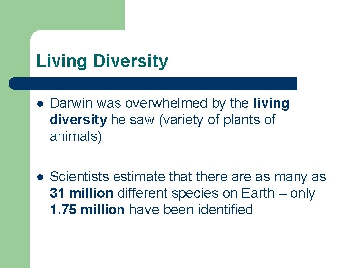 Living Diversity l Darwin was overwhelmed by the living diversity he saw (variety of