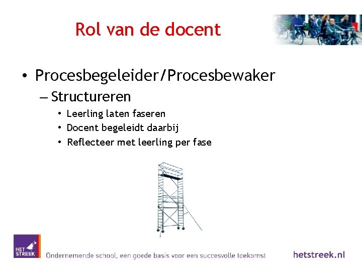 Rol van de docent • Procesbegeleider/Procesbewaker – Structureren • Leerling laten faseren • Docent