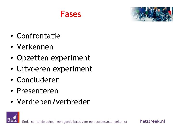 Fases • • Confrontatie Verkennen Opzetten experiment Uitvoeren experiment Concluderen Presenteren Verdiepen/verbreden 