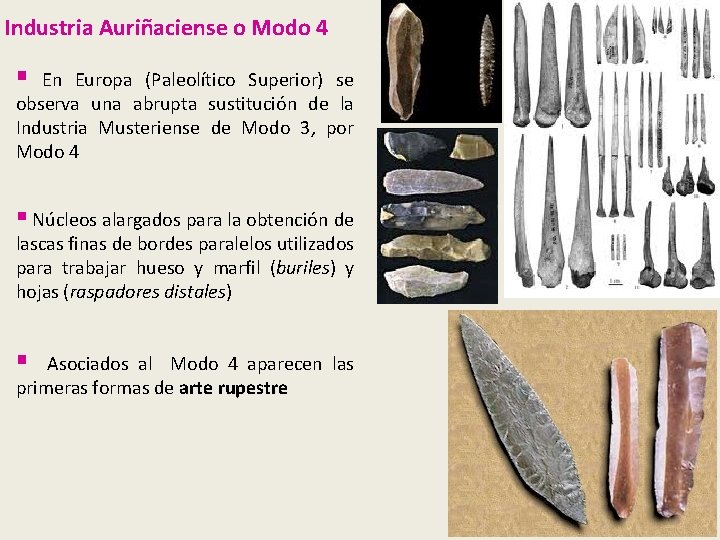 Industria Auriñaciense o Modo 4 § En Europa (Paleolítico Superior) se observa una abrupta Industria Auriñaciense o Modo 4 § En Europa (Paleolítico Superior) se observa una abrupta