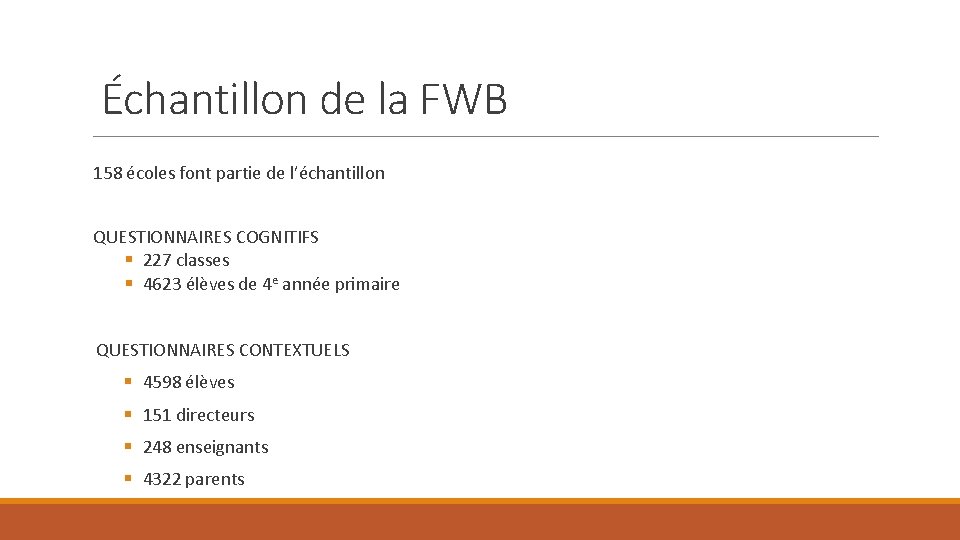 Échantillon de la FWB 158 écoles font partie de l’échantillon QUESTIONNAIRES COGNITIFS § 227