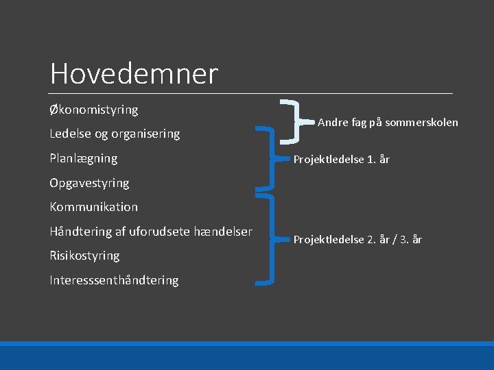 Hovedemner Økonomistyring Ledelse og organisering Planlægning Andre fag på sommerskolen Projektledelse 1. år Opgavestyring