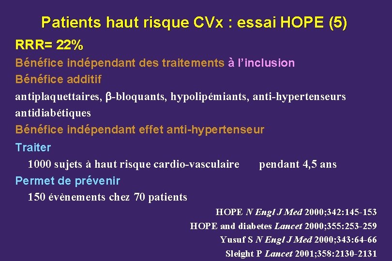 Patients haut risque CVx : essai HOPE (5) RRR= 22% Bénéfice indépendant des traitements