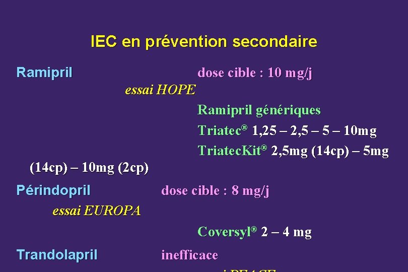 IEC en prévention secondaire Ramipril dose cible : 10 mg/j essai HOPE Ramipril génériques