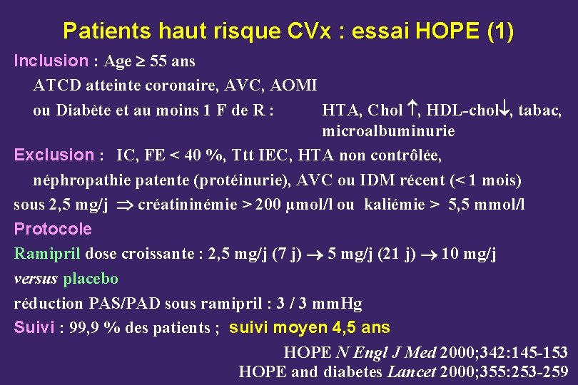 Patients haut risque CVx : essai HOPE (1) Inclusion : Age 55 ans ATCD