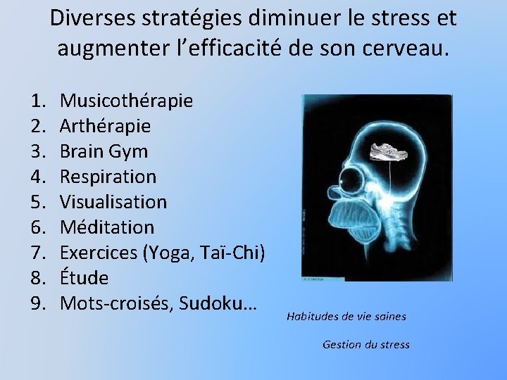 Diverses stratégies diminuer le stress et augmenter l’efficacité de son cerveau. 1. 2. 3.