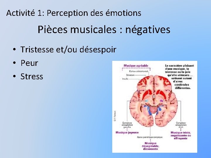 Activité 1: Perception des émotions Pièces musicales : négatives • Tristesse et/ou désespoir •