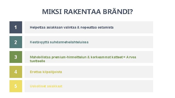 MIKSI RAKENTAA BRÄNDI? 1 Helpottaa asiakkaan valintaa & nopeuttaa ostamista 2 Kestävyyttä suhdanneheilahteluissa 3