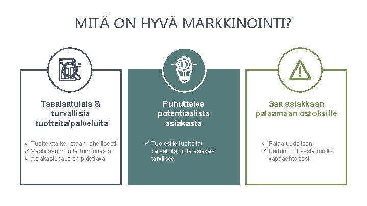 MITÄ ON HYVÄ MARKKINOINTI? Tasalaatuisia & turvallisia tuotteita/palveluita ü Tuotteista kerrotaan rehellisesti ü Vaatii