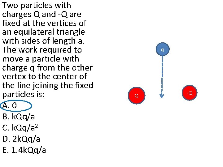 Two particles with charges Q and -Q are fixed at the vertices of an