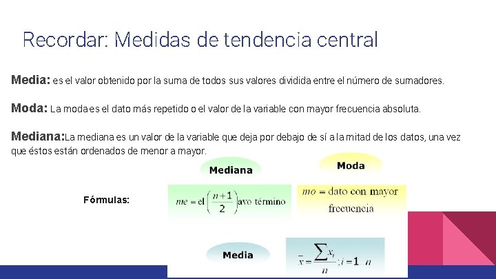 Recordar: Medidas de tendencia central Media: es el valor obtenido por la suma de