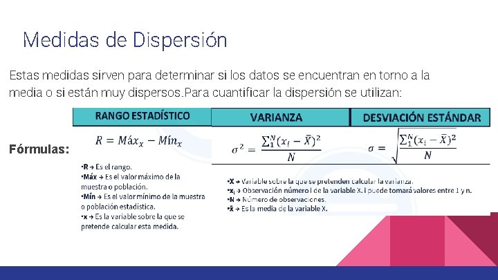 Medidas de Dispersión Estas medidas sirven para determinar si los datos se encuentran en