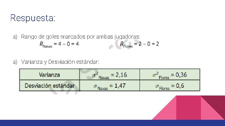 Respuesta: a) Rango de goles marcados por ambas jugadoras: a) Varianza y Desviación estándar: