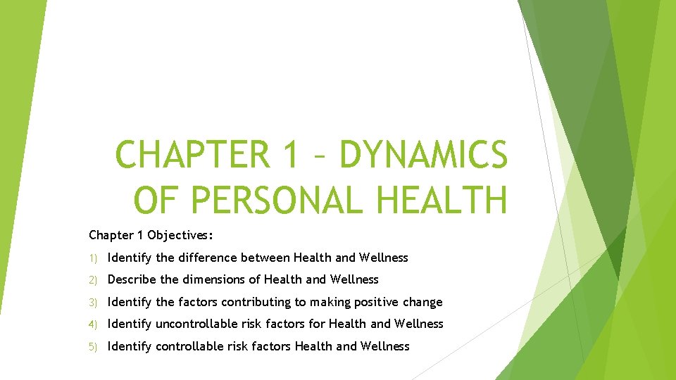 CHAPTER 1 – DYNAMICS OF PERSONAL HEALTH Chapter 1 Objectives: 1) Identify the difference
