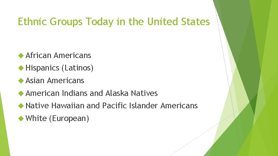 Ethnic Groups Today in the United States African Americans Hispanics Asian Americans American Native
