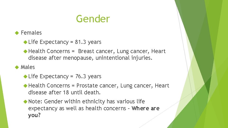 Gender Females Life Expectancy = 81. 3 years Health Concerns = Breast cancer, Lung