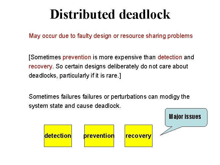 Distributed deadlock May occur due to faulty design or resource sharing problems [Sometimes prevention
