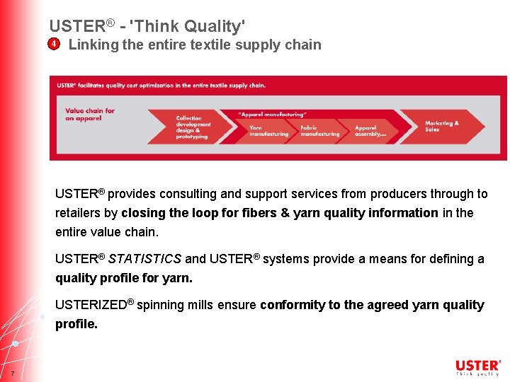 USTER® - 'Think Quality' 4 Linking the entire textile supply chain USTER® provides consulting