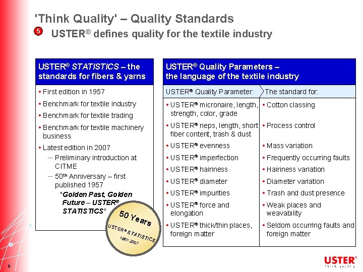 'Think Quality' – Quality Standards 5 USTER® defines quality for the textile industry USTER®