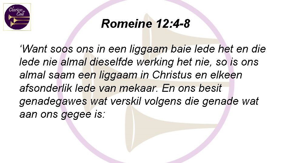 Romeine 12: 4 -8 ‘Want soos ons in een liggaam baie lede het en Romeine 12: 4 -8 ‘Want soos ons in een liggaam baie lede het en