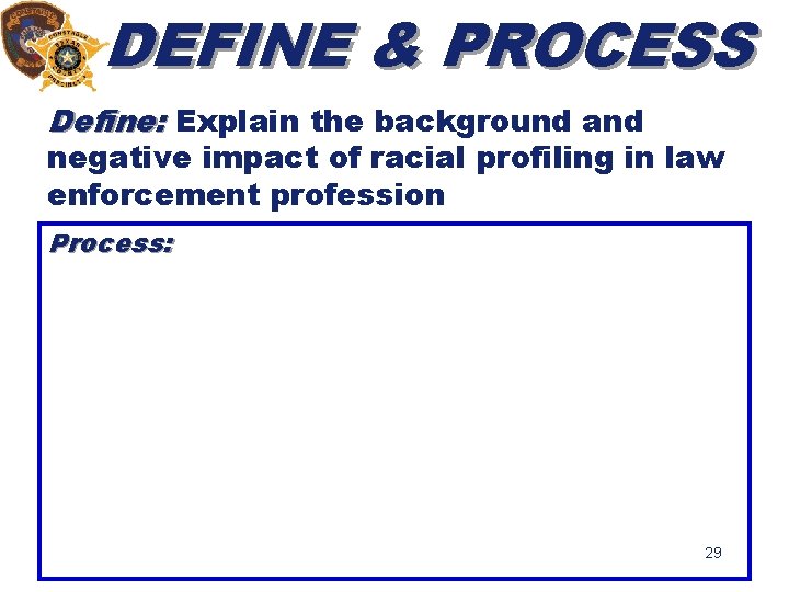 DEFINE & PROCESS Define: Explain the background and negative impact of racial profiling in