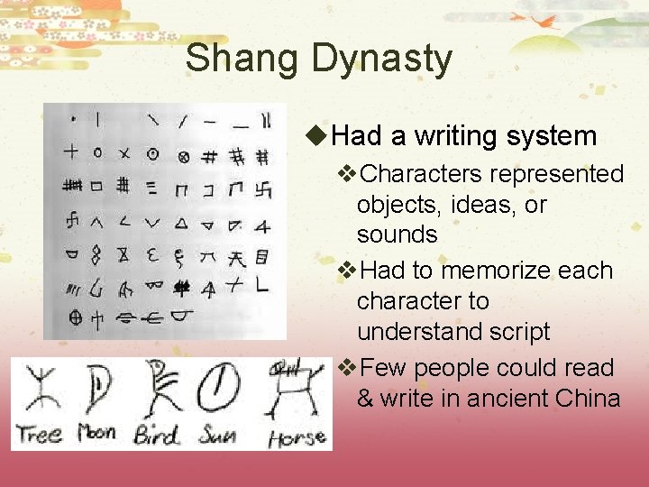 Shang Dynasty u. Had a writing system v. Characters represented objects, ideas, or sounds