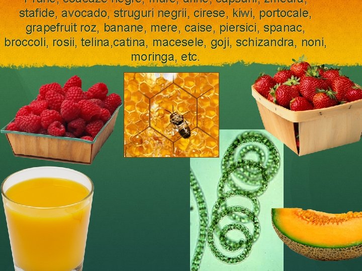 Prune, coacaze negre, mure, afine, capsuni, zmeura, stafide, avocado, struguri negrii, cirese, kiwi, portocale,