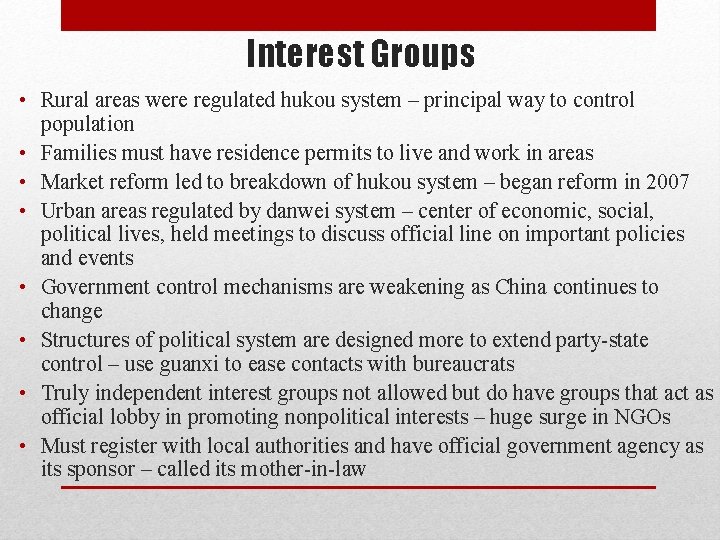 Interest Groups • Rural areas were regulated hukou system – principal way to control Interest Groups • Rural areas were regulated hukou system – principal way to control