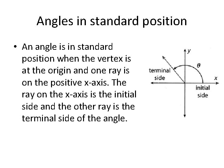 Angles in standard position • An angle is in standard position when the vertex